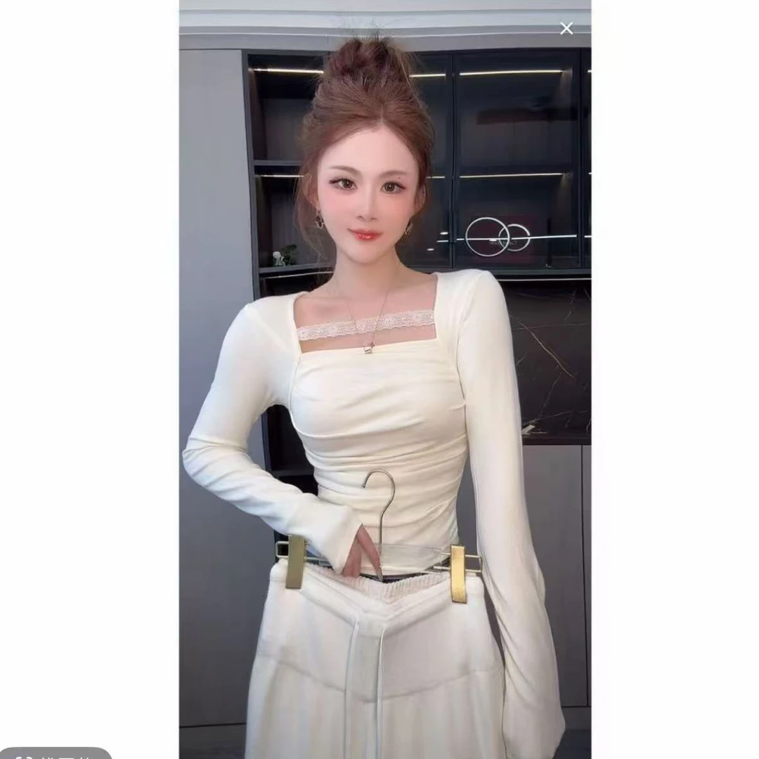 秋冬新款纯欲风拼蕾丝长袖T恤时尚显瘦抽褶设计感保暖上衣大码女