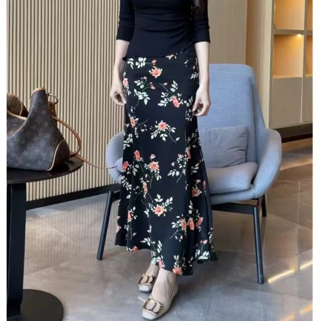 洋气向日葵印花顯瘦显瘦鱼尾高腰裙-0194（法西兰玫瑰）