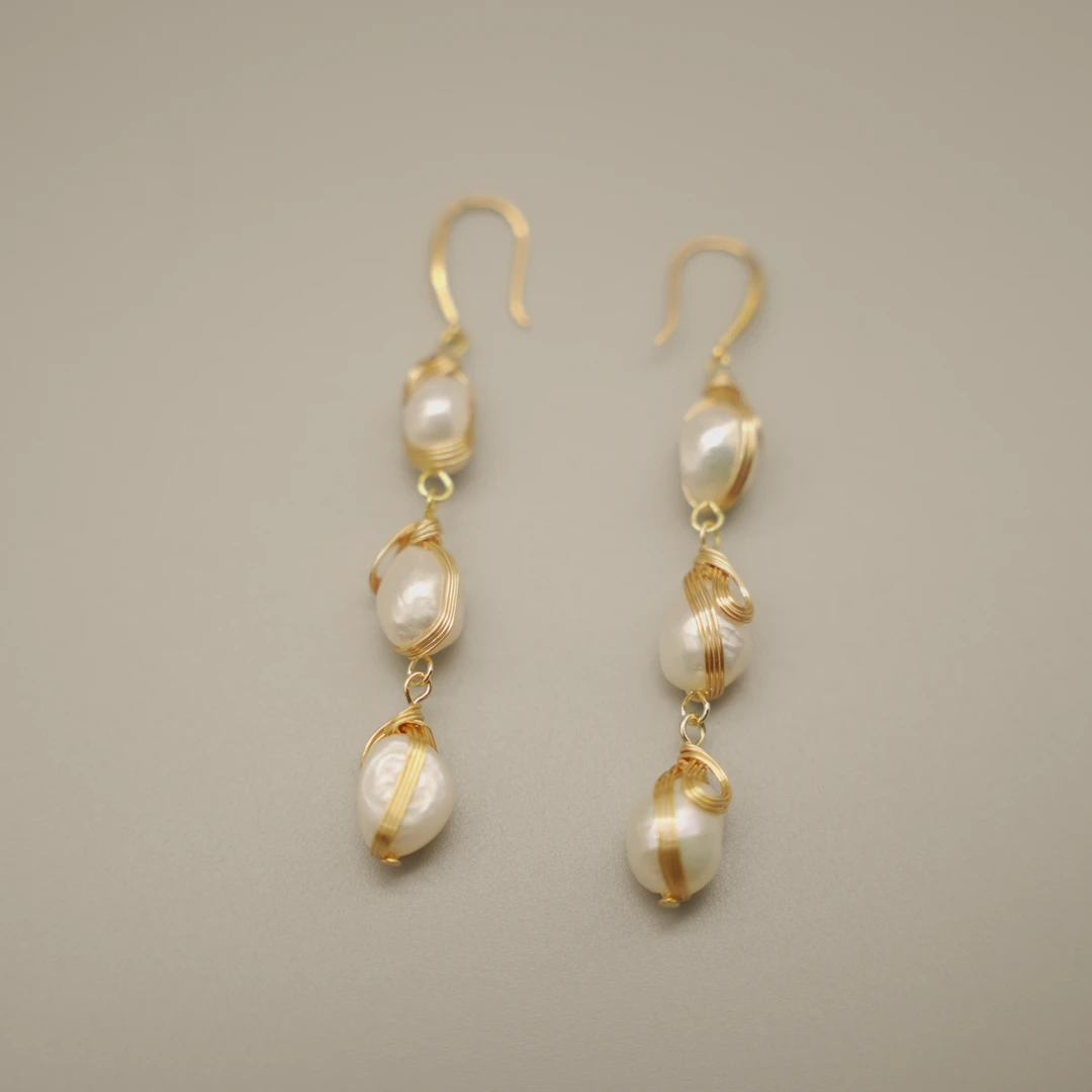 手工绕丝银耳针珍珠时尚气质耳饰高颜值耳饰手作素款长款