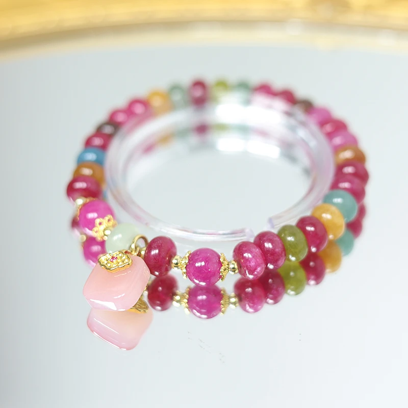 8m天然碧玺车轮珠百搭时尚手链玛瑙无事牌挂坠 多样性发一 H2757