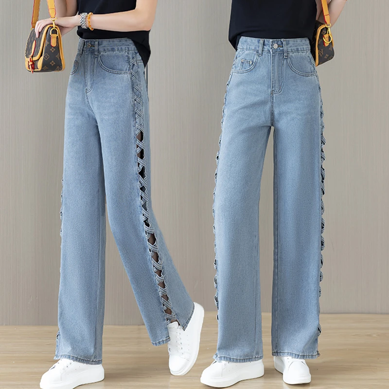 夏季薄款窄版阔腿裤设计感侧边镂空直筒裤小众长裤浅蓝色牛仔裤女