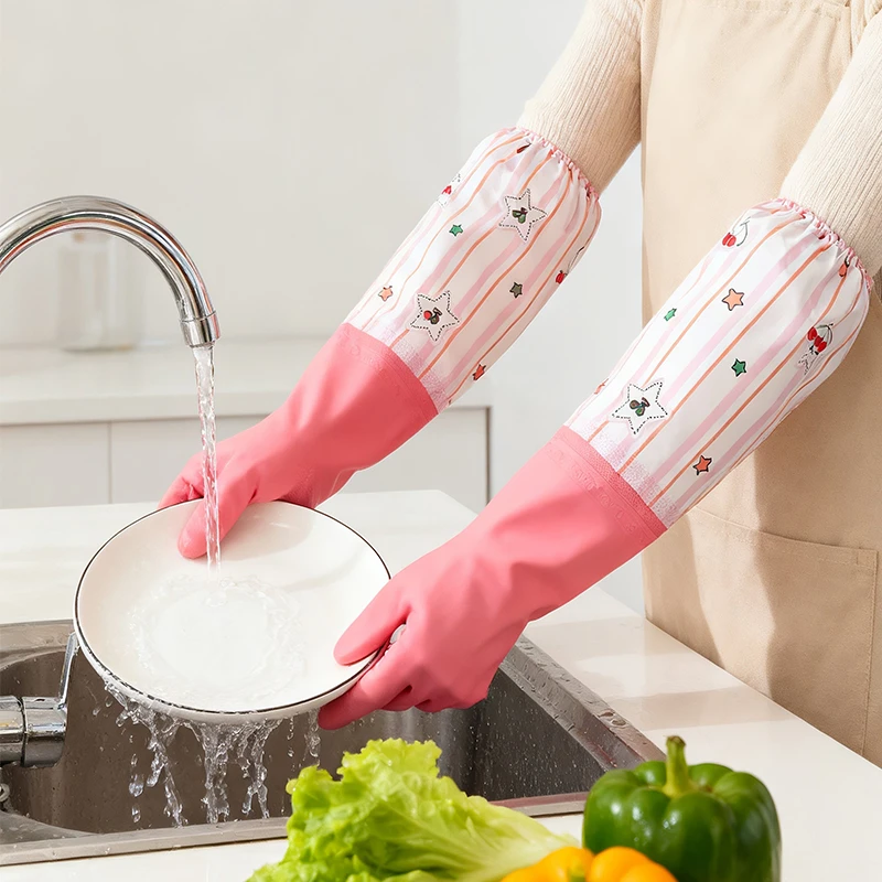 家务手套洗碗女厨房洗菜家用清洁洗衣加绒橡胶乳胶防水加长款加厚