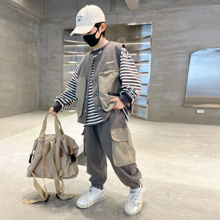 男童春装套装2025新款儿童卫衣马甲三件套中大童衣服春秋季洋气潮