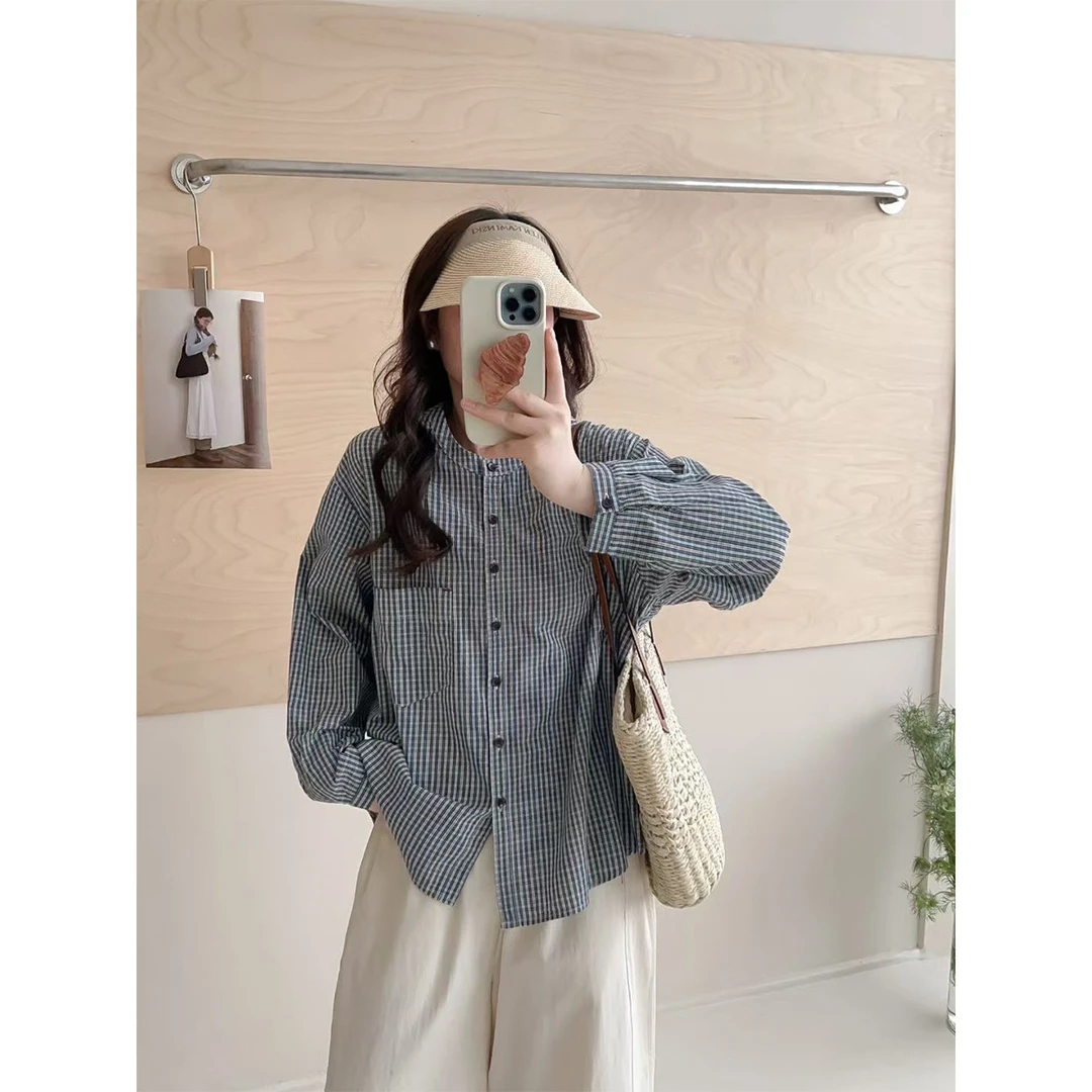 休闲随性格子衬衫女上衣秋季复古通勤薄款宽松小众圆领长袖ZYX