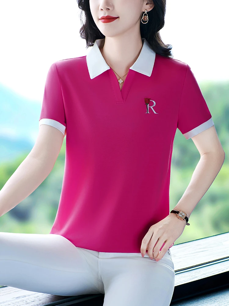 翻领短袖t恤女夏装大码2025新款妈妈v领polo衫时尚绣花宽松上衣服