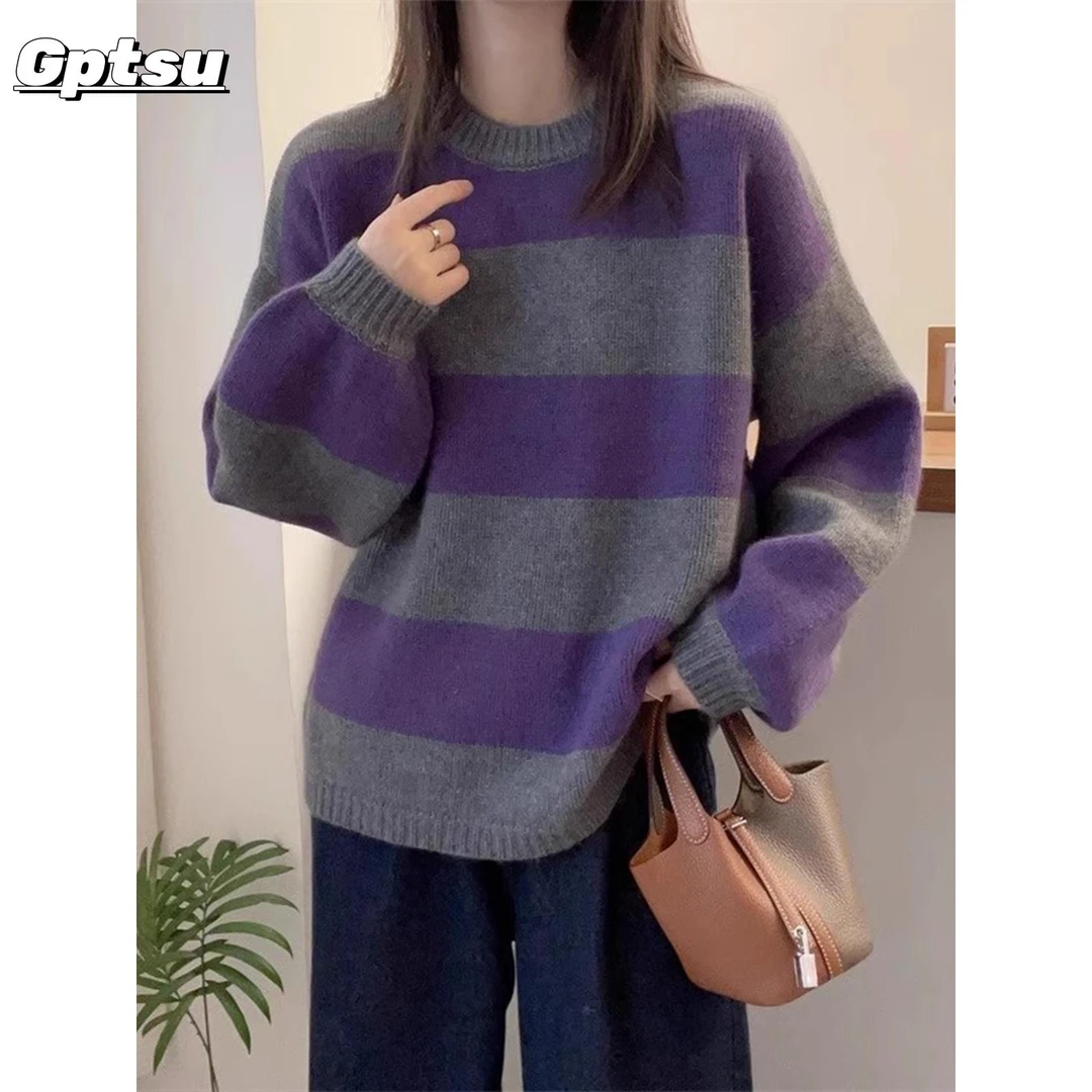 GPTSu条纹圆领浣熊天鹅绒针织衫女秋冬新款慵懒风软糯羊绒针织衫