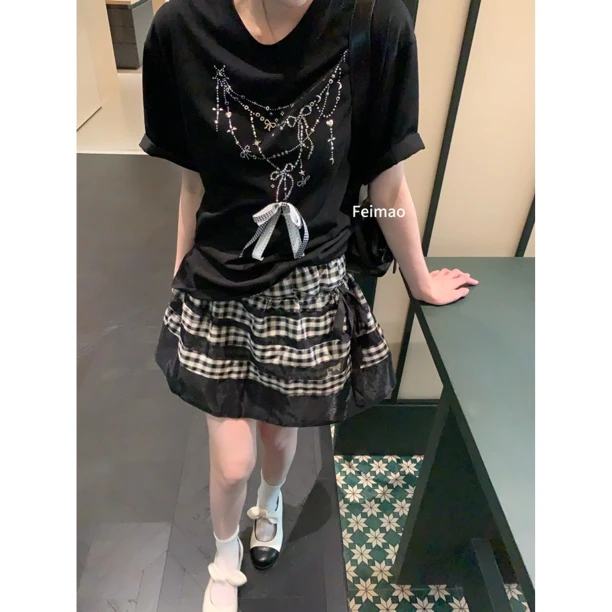 赵小小【梦核漫刊】格子松紧腰A字两件套裙裤可拆穿半身裙28555