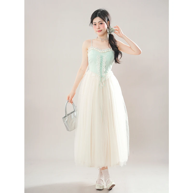 月光之舞 法式复古宫廷风拼接网纱吊带连衣裙女时尚收腰显瘦长裙