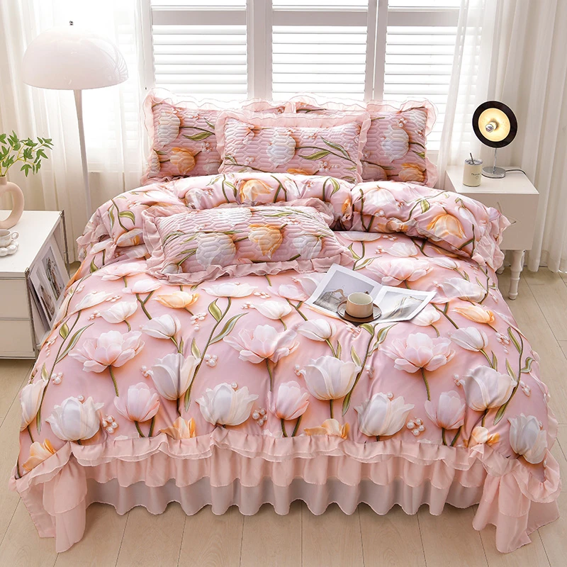 5D夏凉被四件套韩版床盖三件套花边款被罩可机洗空调被床上用品