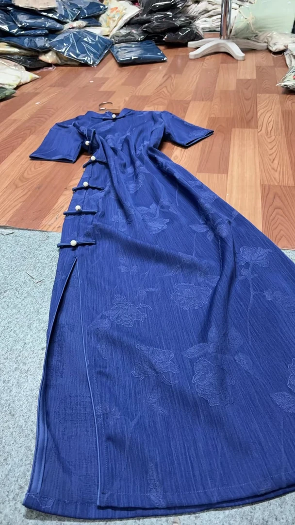 452-名国风 蓝色 大花 气质 改良 旗袍