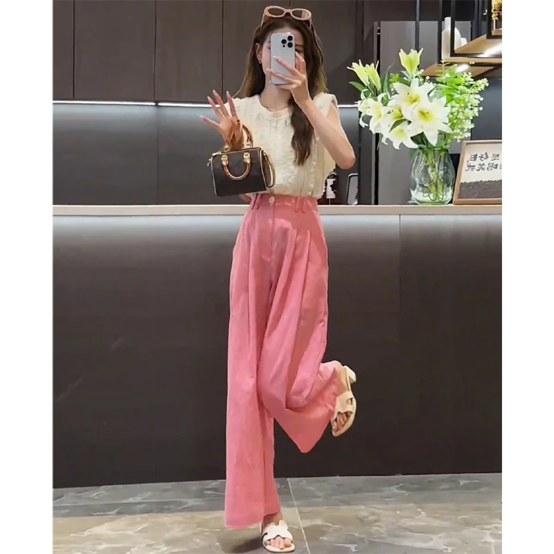 夏装搭配一整套阔腿裤套装女夏新款减龄无袖上衣粉色牛仔裤两件套
