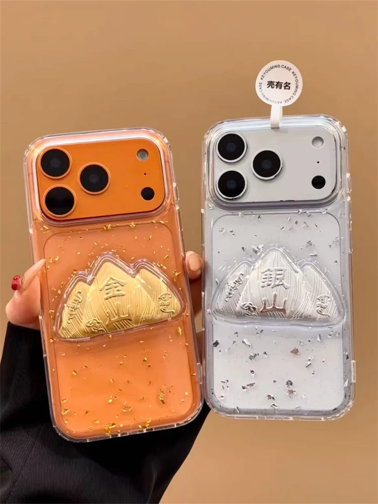 ins高级感透明金箔立体金山银山适用iPhone17pro手机壳16promax女