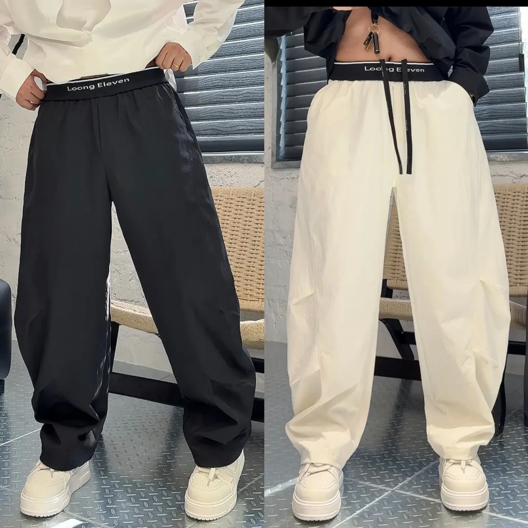 秋季新款撞色掐褶字母腰头运动休闲裤男轻奢百搭宽松阔腿弯刀长裤