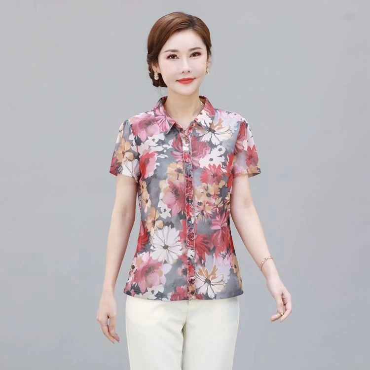 锦依罗台湾衬衫夏季短袖时尚中老年女装妈妈装外穿修身上衣洋气