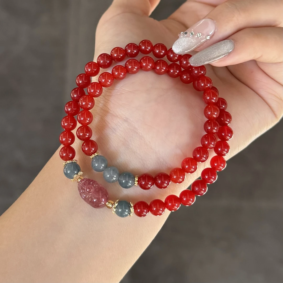 南红双圈配草莓晶貔貅手串（多样性发一件）B-160