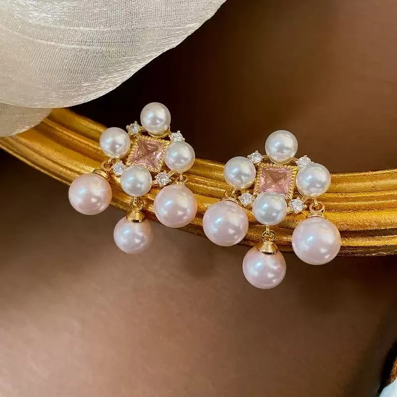 铜合金耳饰 方形锆石粉色流苏耳环中古宫廷风轻奢耳钉耳饰