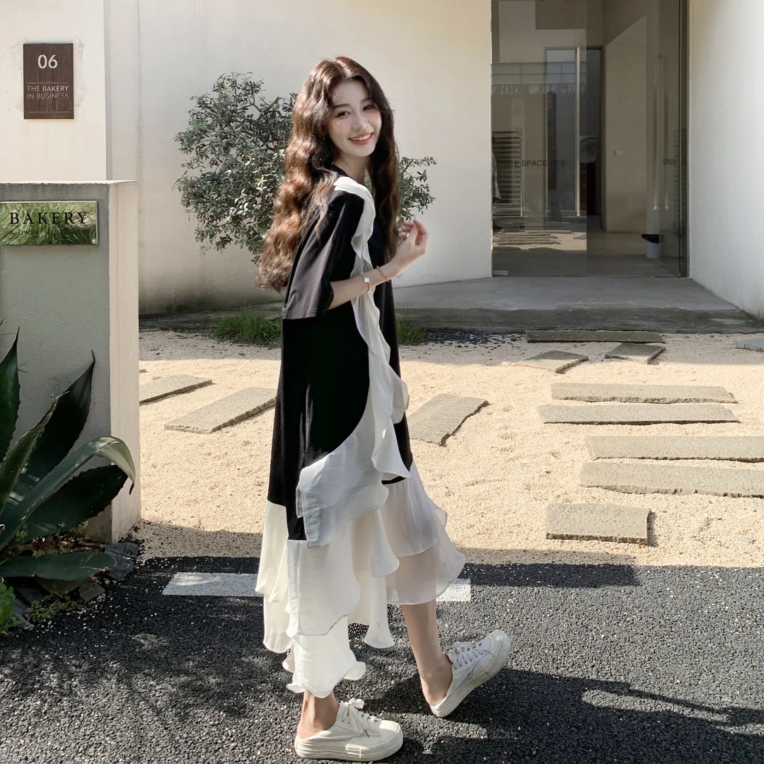 复古风拼接木耳边设计感蛋糕裙时尚百搭中长款2025夏季新款连衣裙