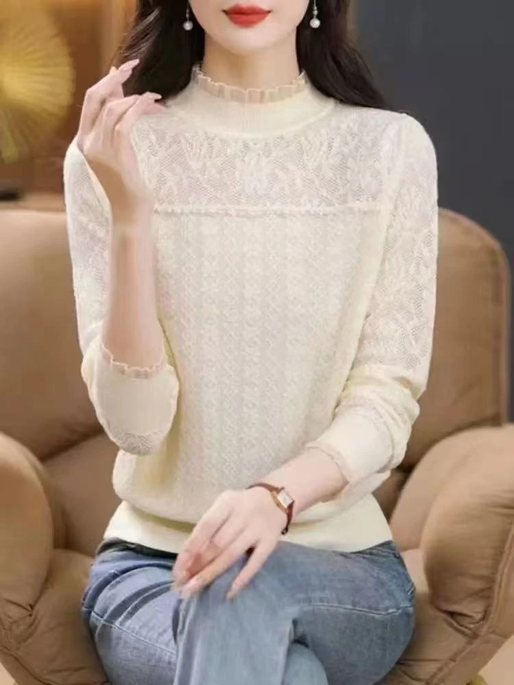 【现货】韩系针织衫女春秋新款半高领蕾丝百搭气质时尚显瘦套头毛衣