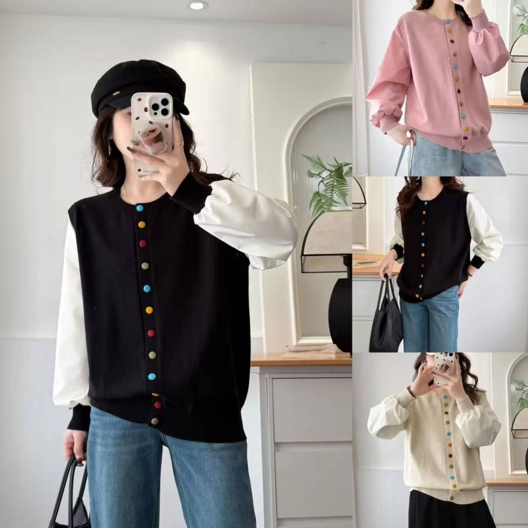 微胖大码女装春季新款洋气彩扣假两件小香风拼接长袖针织衫