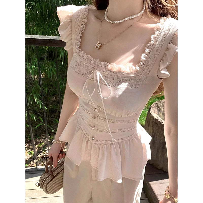 【mimius】Q 精致重工蕾丝花边方领系带收腰显瘦上衣 G04241