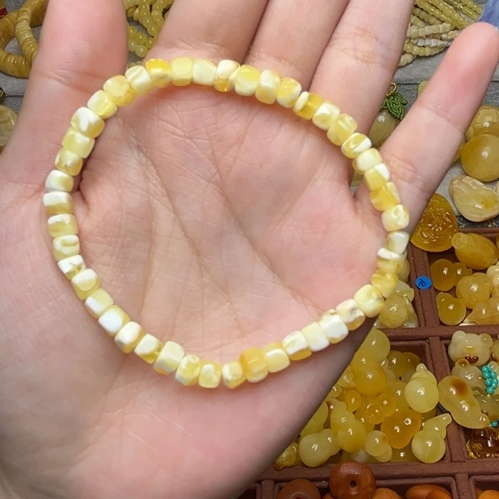 蜜蜡未镶嵌珠宝奇石158-微瑕福利白妖花小方糖手串