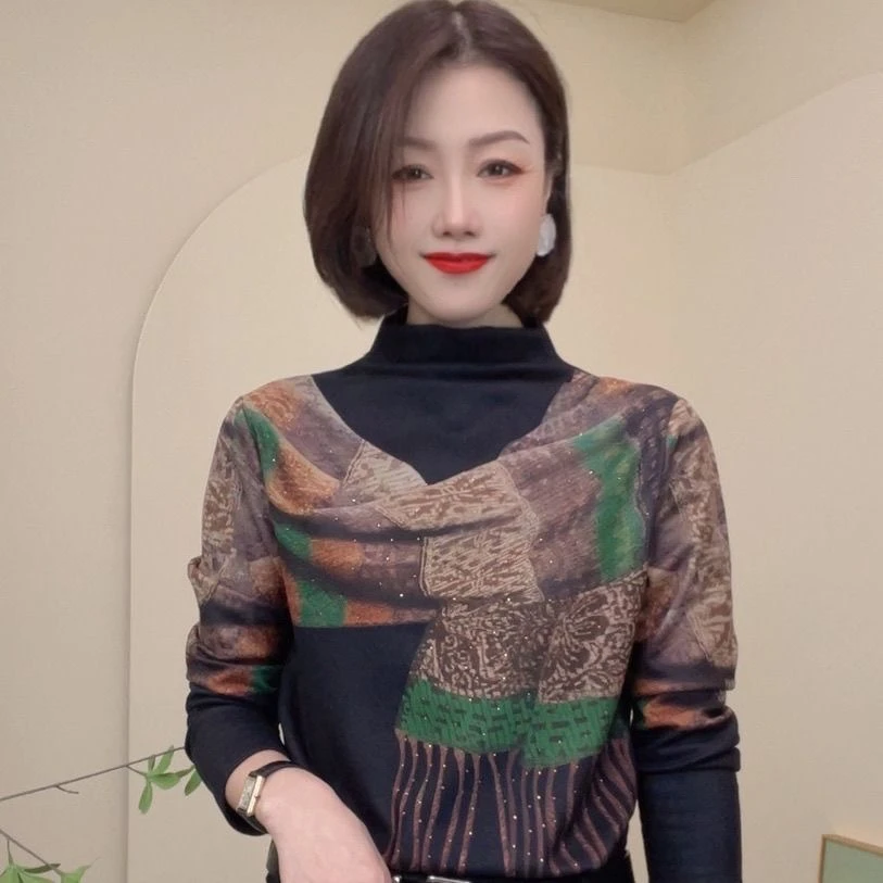 秋冬季新款遮肉修身显瘦T恤百搭设计感假围巾减龄女士打底衫