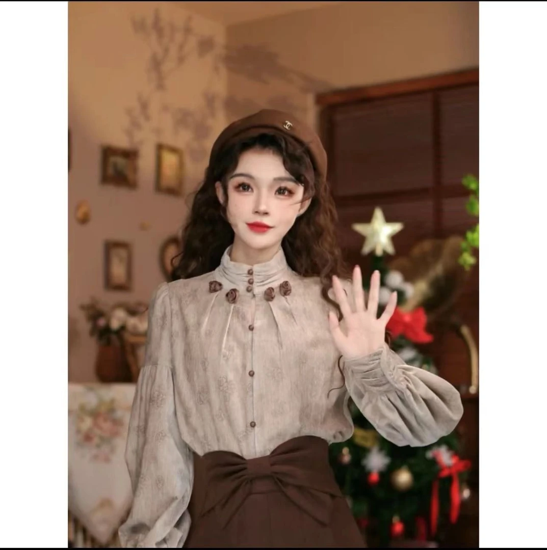 港味小众复古显瘦气质百搭设计感上衣时尚衬衫长袖衬衣8527#0.1