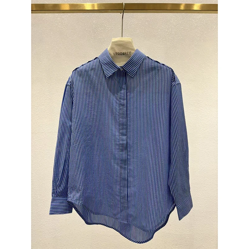 竖条纹拼接翻领长袖衬衫1297