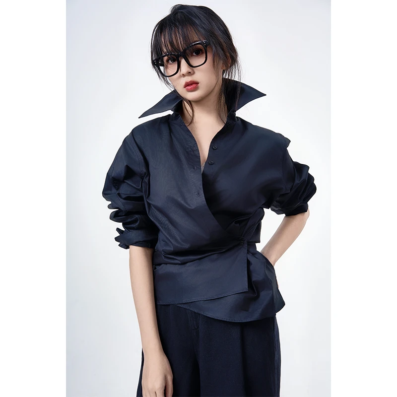 质社原创设计感时髦显瘦双色斜门襟棉衬衫XF005