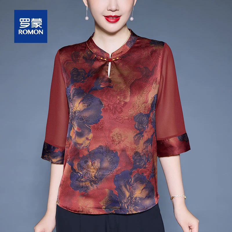 罗蒙妈妈夏装新中式国风雪纺小衫套装女2025新款中老年洋气衬衫女