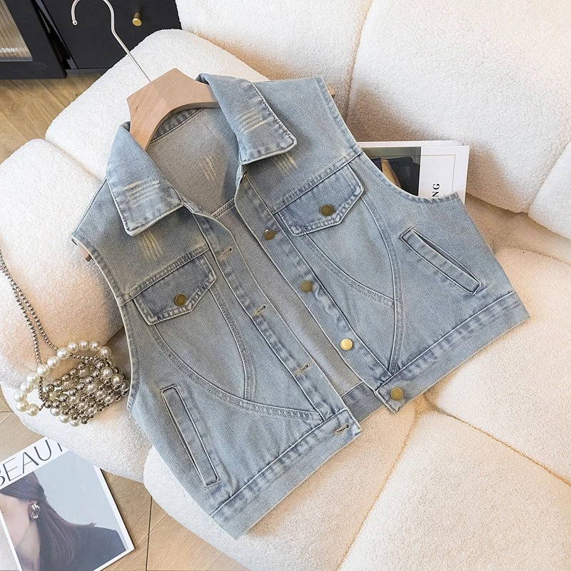 2025新款复古显瘦休闲百搭牛仔马甲宽松显瘦时尚港风猫爪无袖马夹