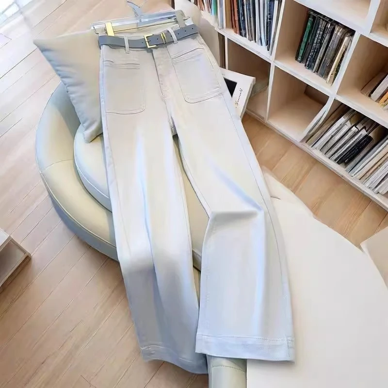 夏季薄款灰白色阔腿牛仔裤女2025新款高腰时尚气质宽松显瘦直筒裤