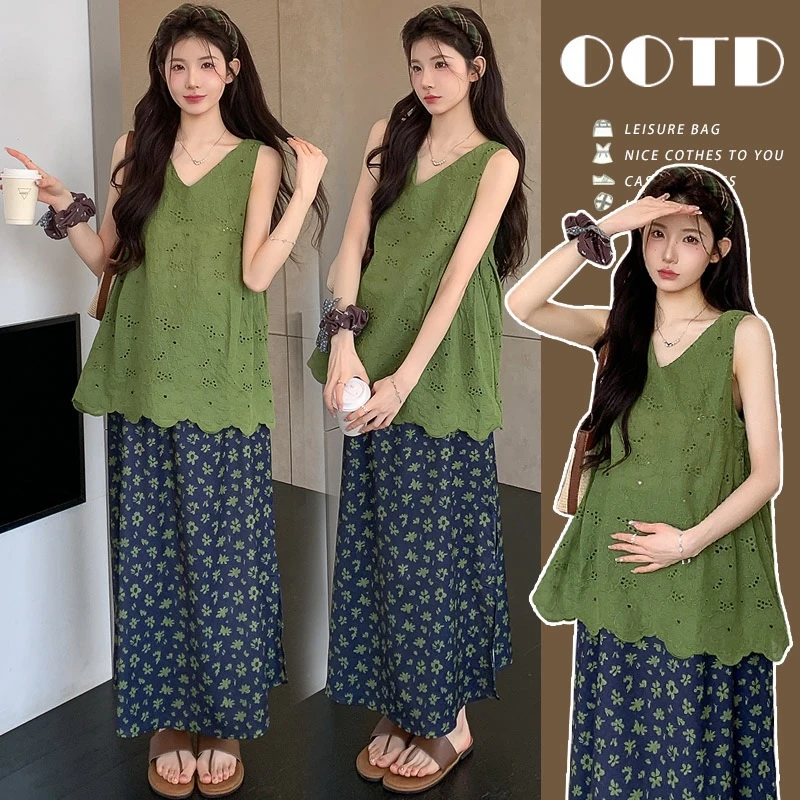 孕妇装2025夏季韩版时尚百搭显瘦镂空刺绣无袖背心印花半身裙套装