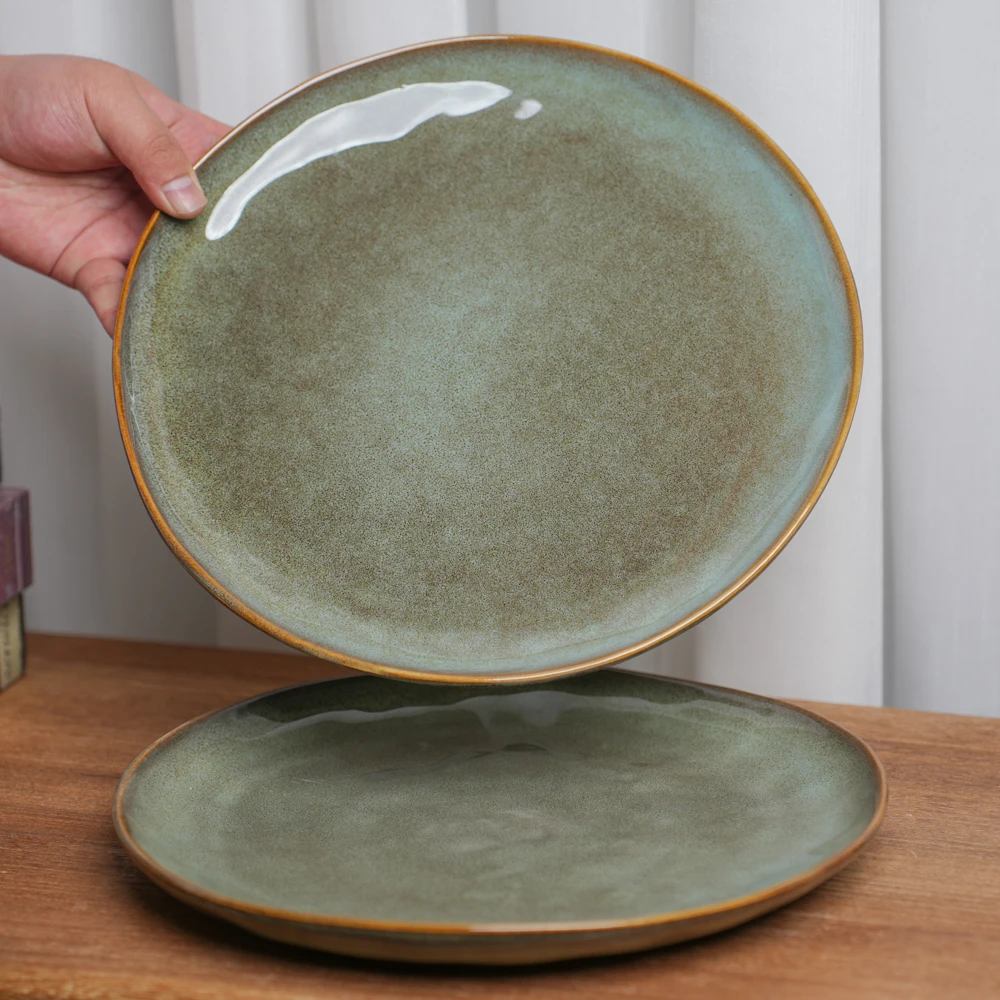 【瑕疵】陶瓷盘子家用窑变绿复古大平盘高颜值手绘家用餐盘D1D菜盘