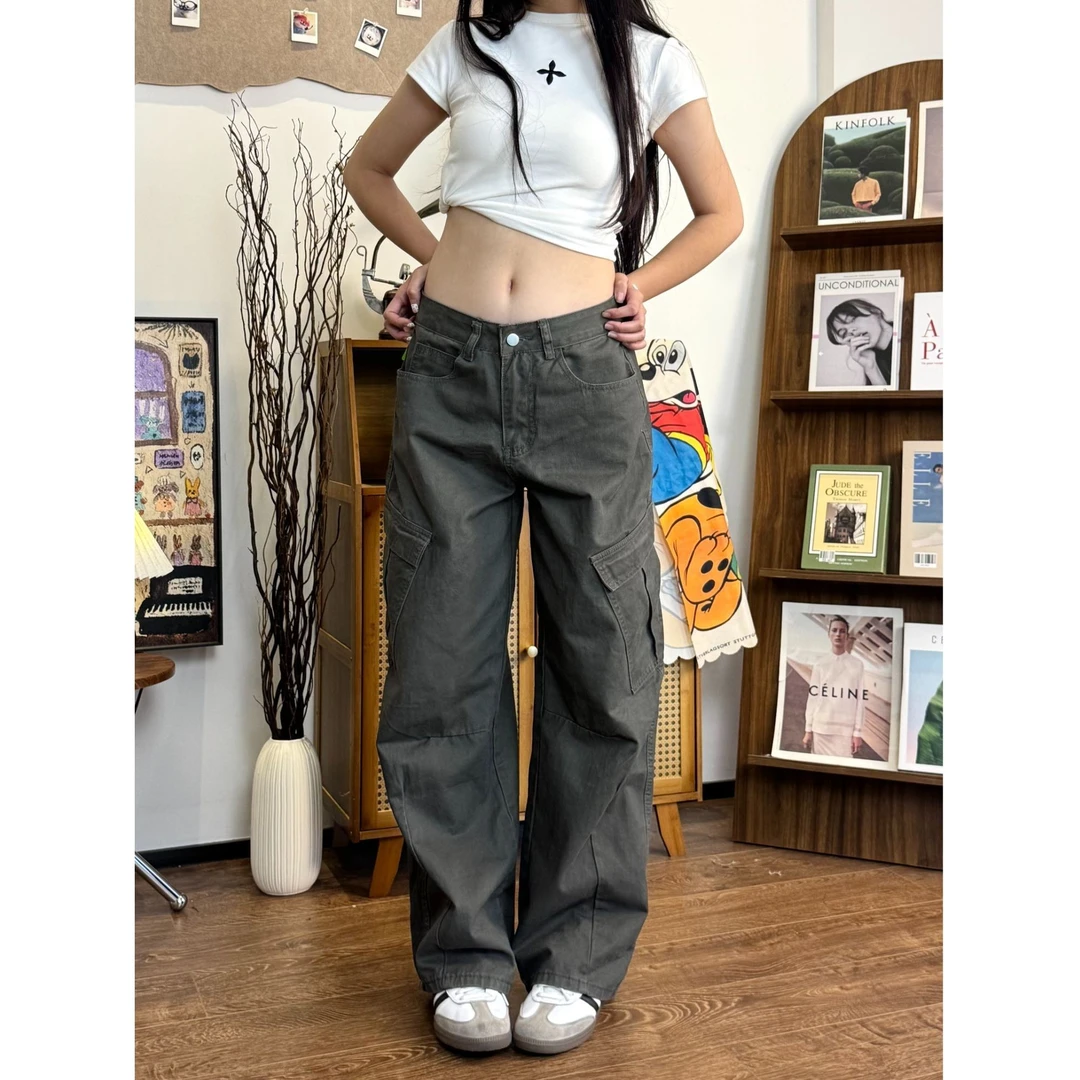 美式复古多口袋工装裤直筒宽松百搭休闲长裤男女显瘦高腰