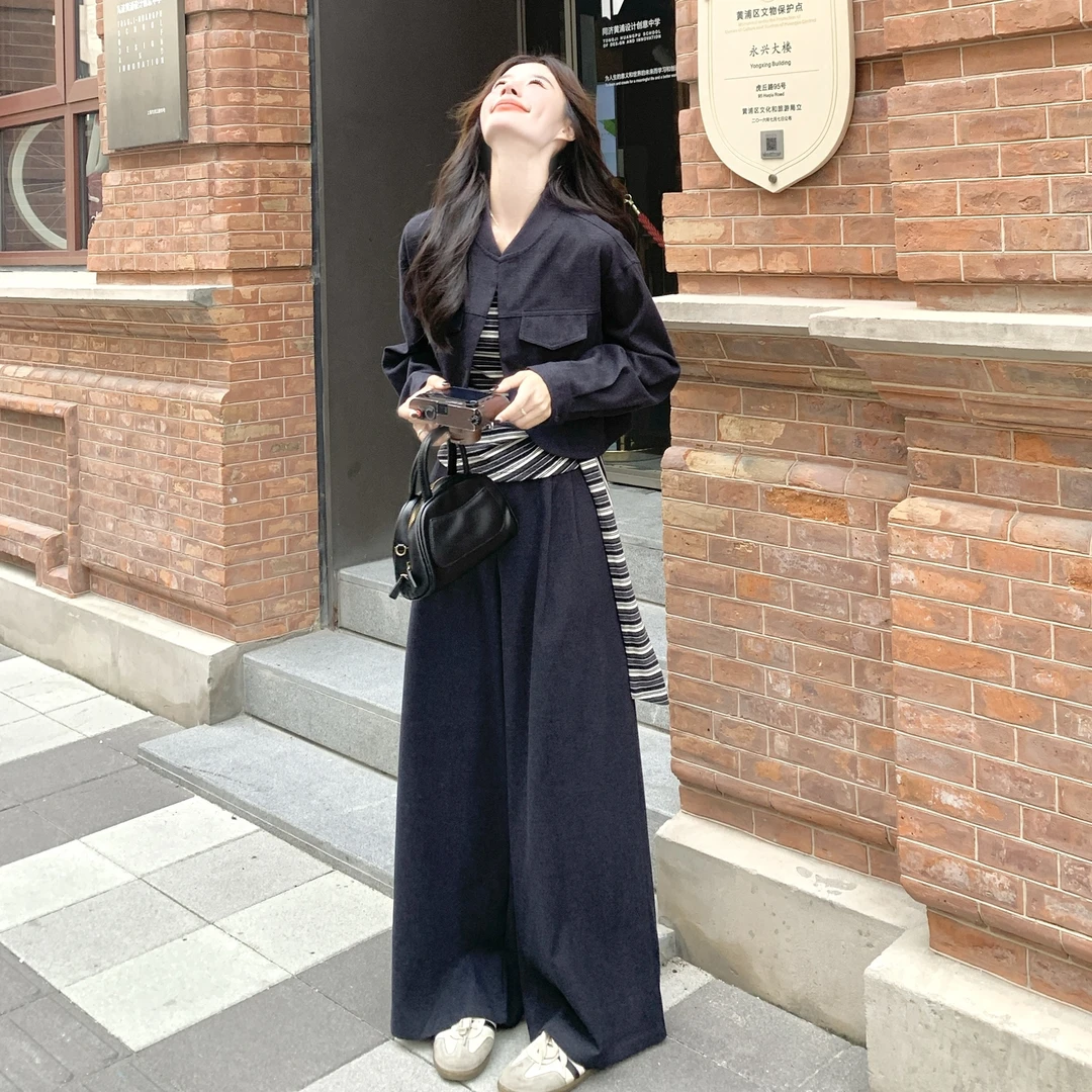 气质时尚休闲风显瘦套装女秋季新款设计感外套吊带阔腿裤三件套