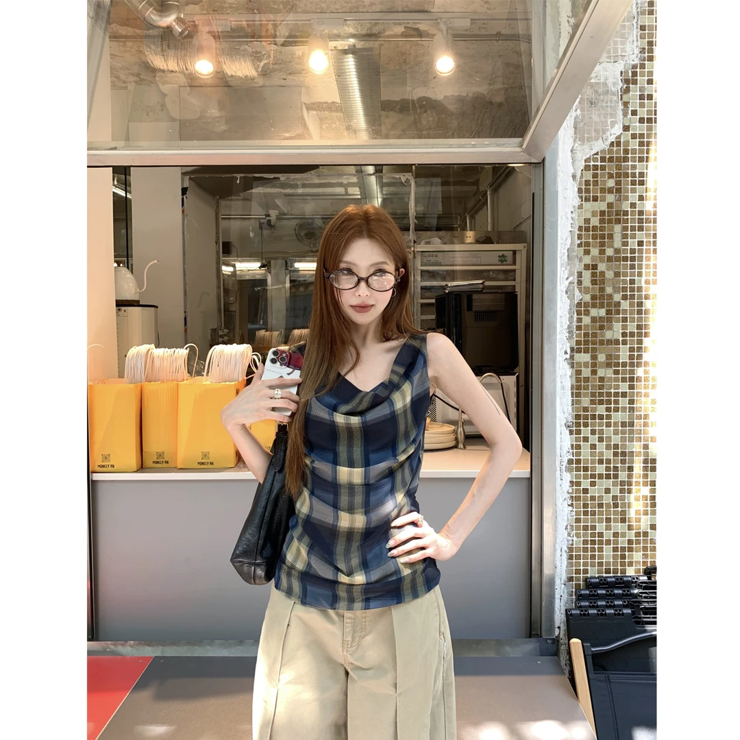 复古格纹褶皱荡领无袖背心