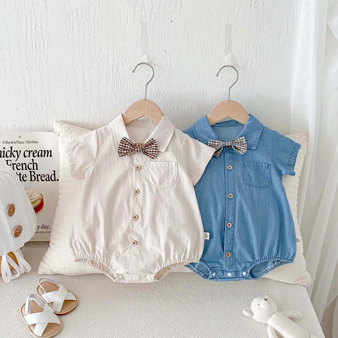 婴儿满月百天绅士哈衣男宝宝帅气衬衫领结三角包屁衣夏季韩版爬服