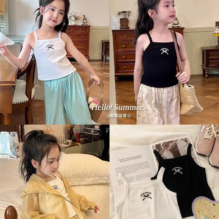 女童冰丝螺纹打底背心夏季2025新款洋气高弹力透气短款无袖inst恤