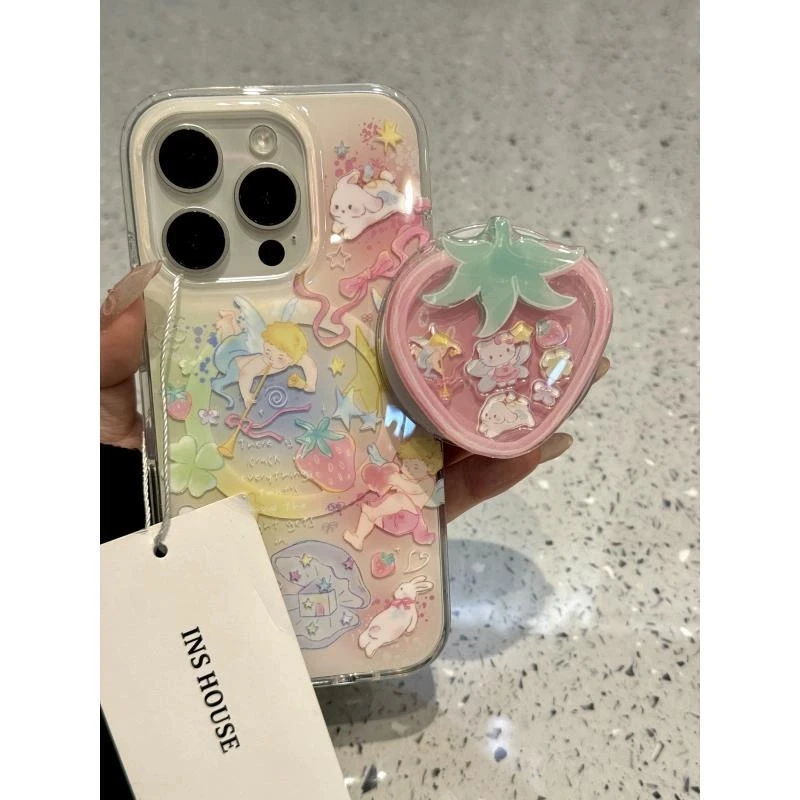 梦幻彩色晕染猫咪天使草莓涂鸦适用iphone16promax苹果15手机壳14