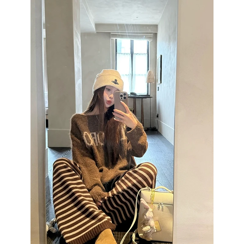 秋季宽松一字肩针织衫宽松慵懒风气质百搭温柔设计感韩版毛衣女