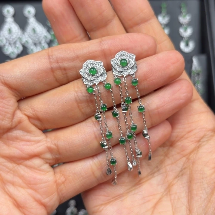 福***林翡翠银S925镶嵌耳饰
