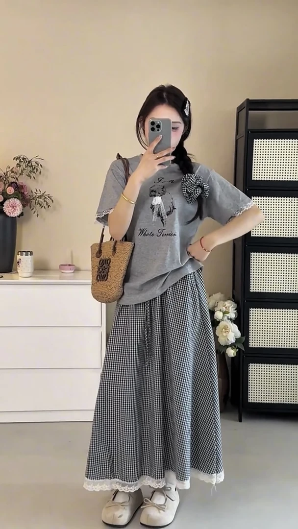 2025春夏新款韩系ins风撞色减龄蕾丝蝴蝶结圆领短袖T恤+阔腿长裤