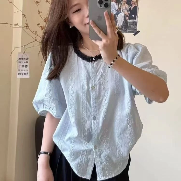 法式重工钩花刺绣短袖衬衫女夏撞色泡泡袖娃娃衫衬衣洋气减龄上衣