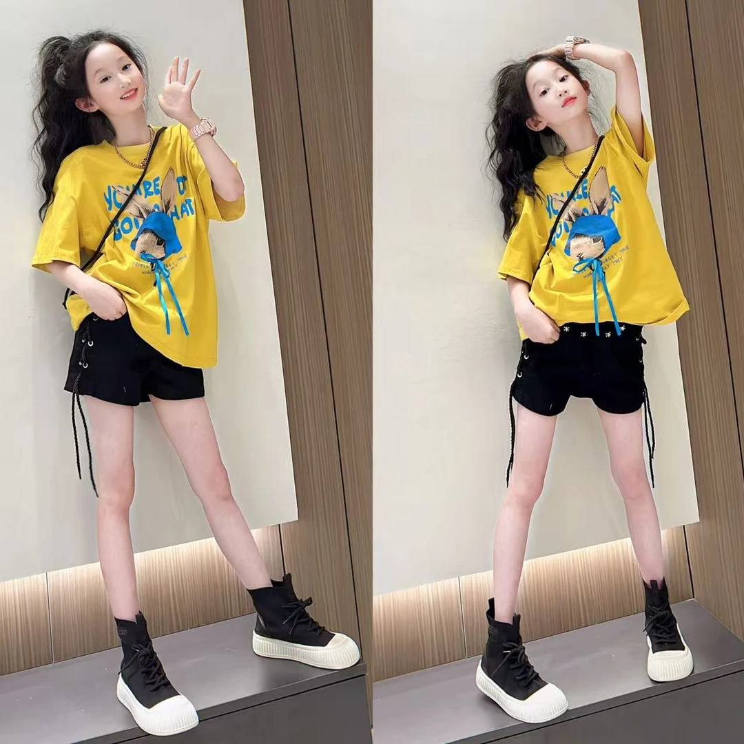 女童套装2025夏季新款韩版卡通字母印花圆领短袖T恤裤子