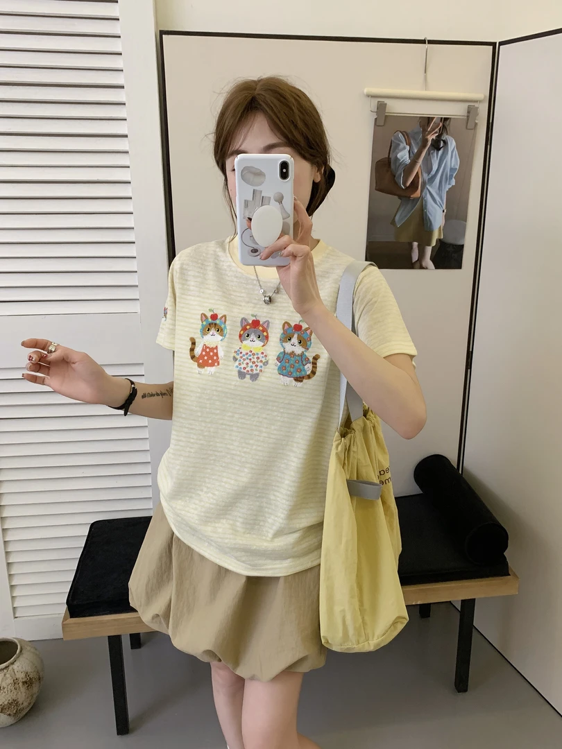 小雅姐姐  【花猫】韩系条纹刺绣三只小猫简约百搭短袖T恤IR90