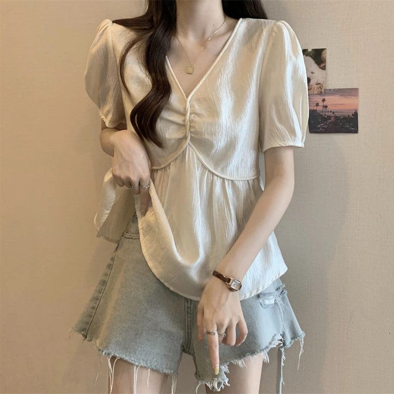 大码女装遮肚子小香风雪纺短袖衬衫女夏季胖mm显瘦泡泡袖正肩上衣