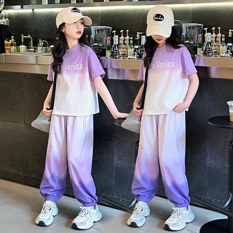 女童夏季渐变色2025运动套装洋气短袖长裤休闲薄款时尚女孩夏装潮