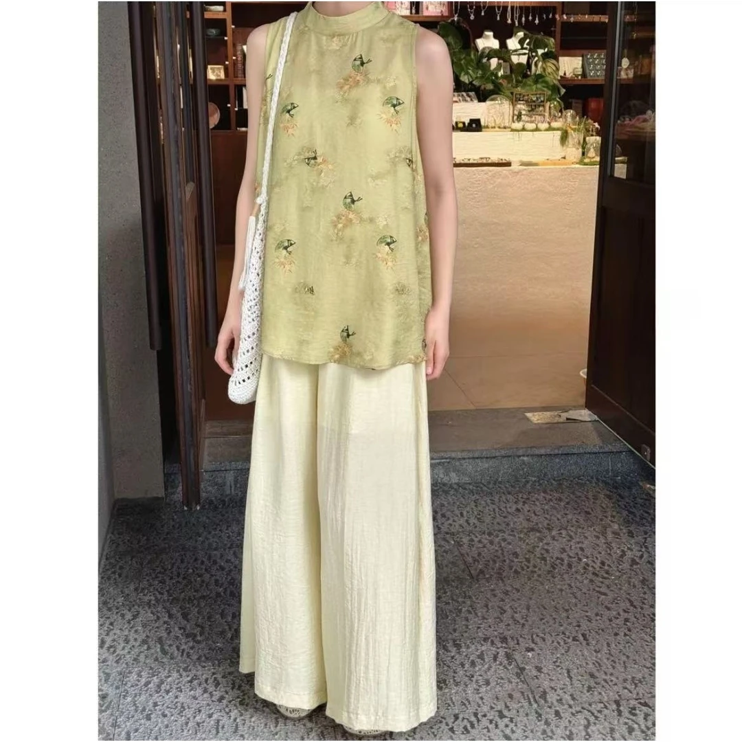 2025夏季新款小唐人古风气质无袖上衣+高腰松紧裤裙套装1375