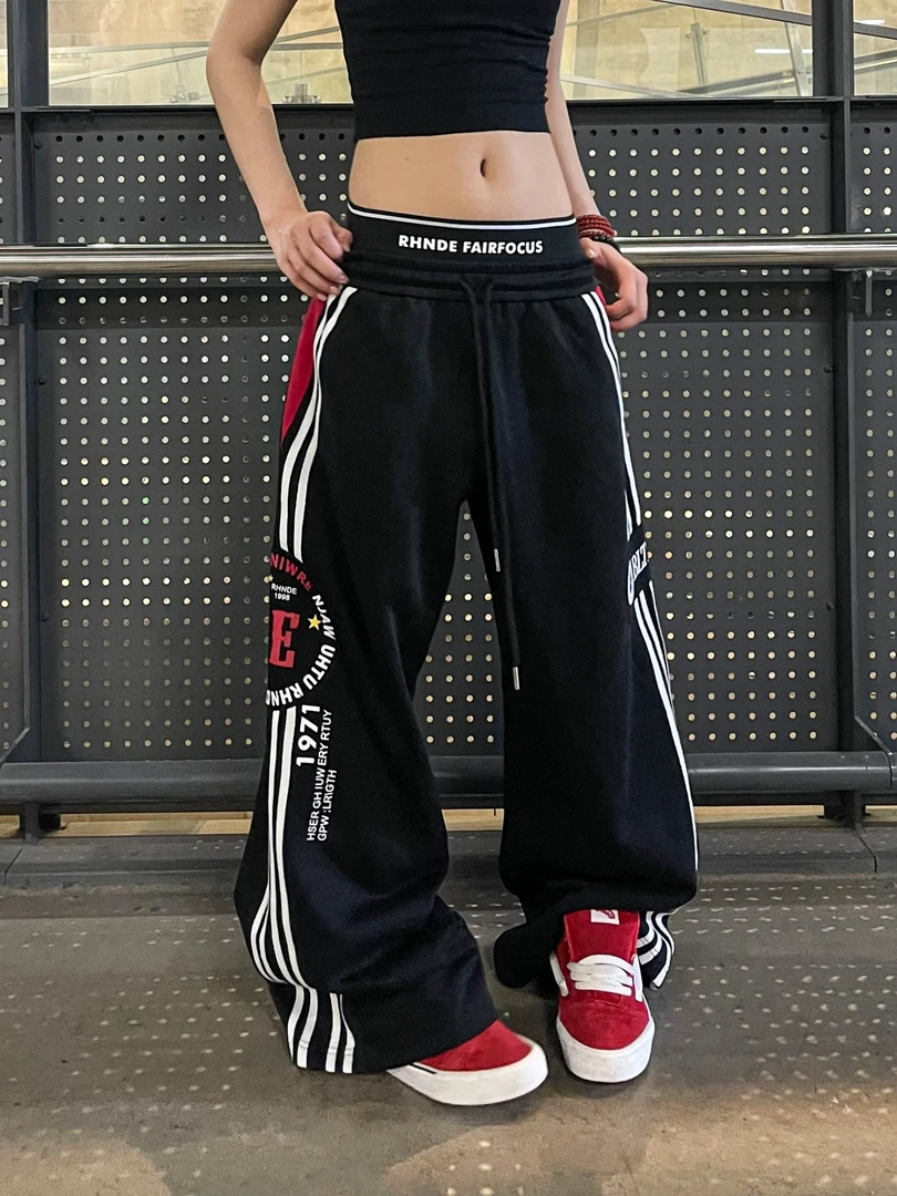 美式慵懒风松弛感双腰头休闲卫裤女宽松百搭运动爵士舞条纹阔腿裤